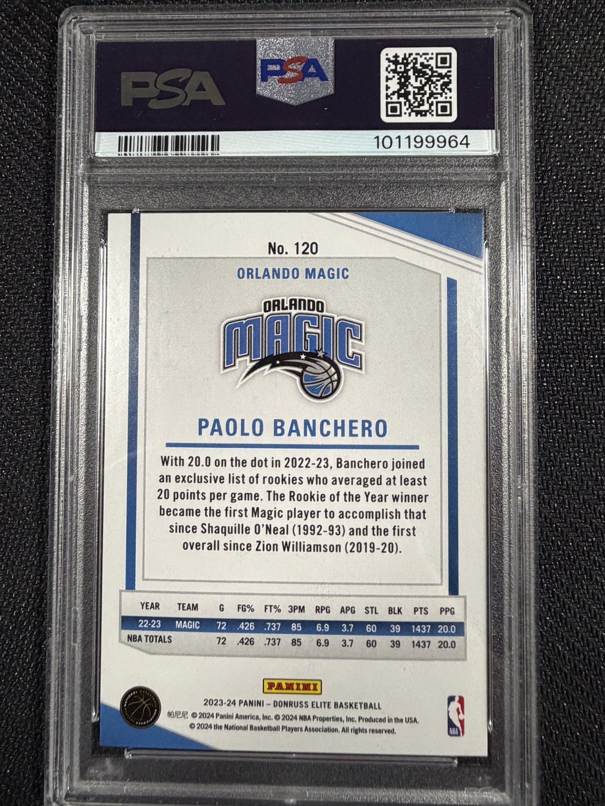 Donruss Elite 2023-24 Paolo Banchero Orlando Magic #120 Hyper Green /24 PSA 9