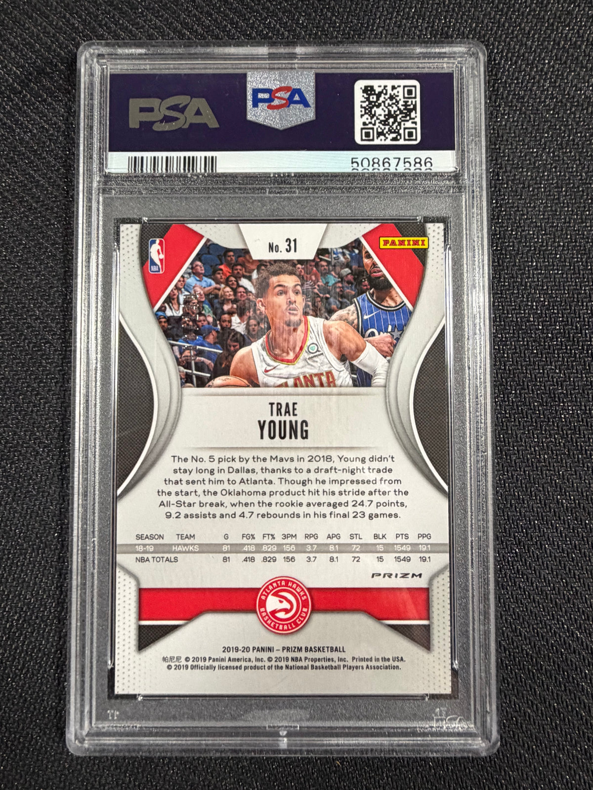 2019-20 Trae Young; Panini Prizm Purple Ice /149 #31 gegradet PSA 9