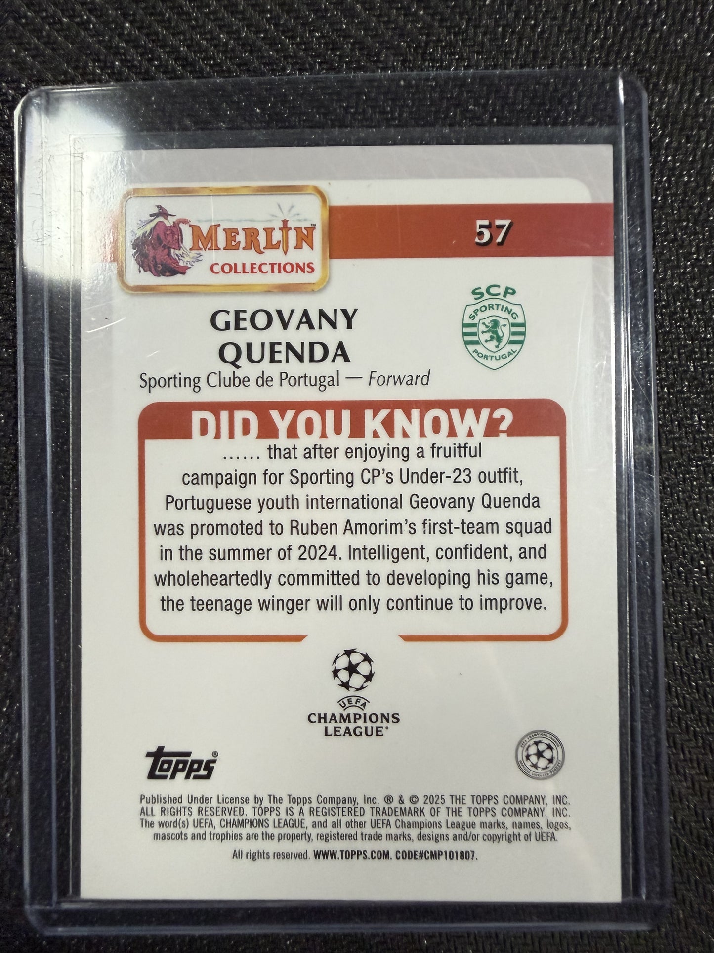 Topps Merlin Uefa Champions League Geovany Quenda Rose Gold Refractor /250 (RC)