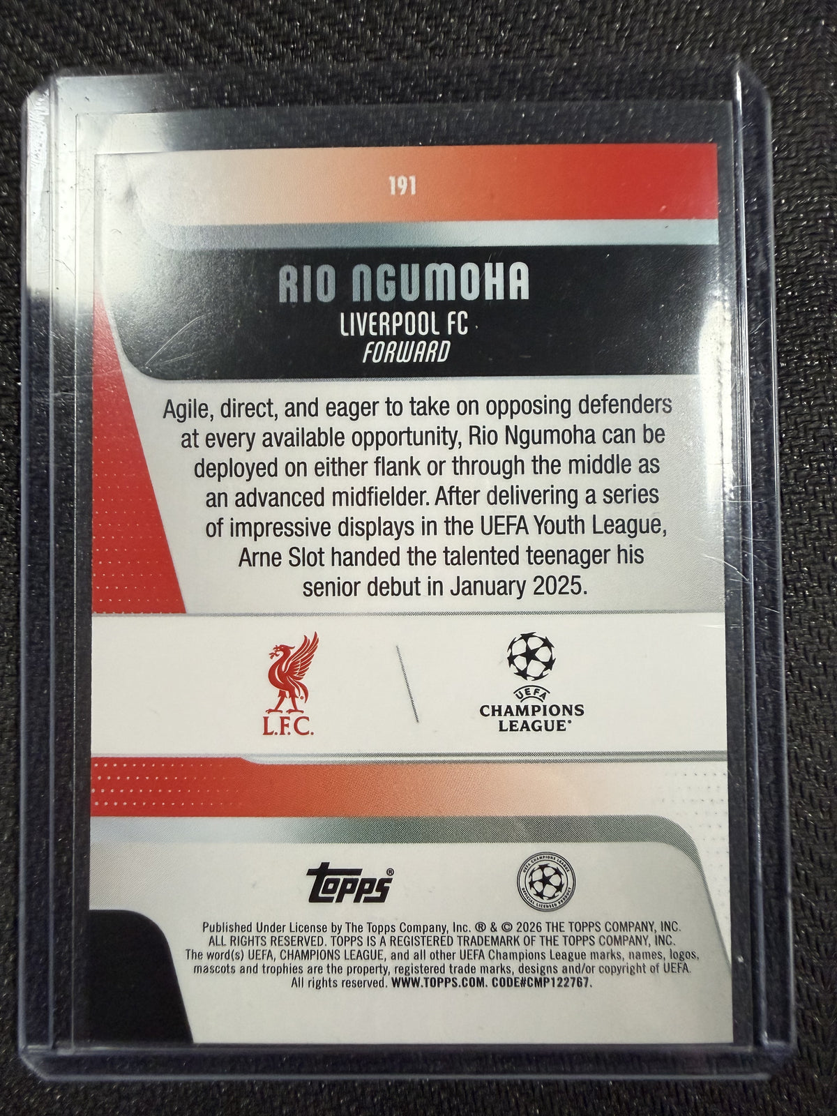 Rio Ngumoha Liverpool RC Topps UCC 25/26 Yellow Speckle Refractor /299