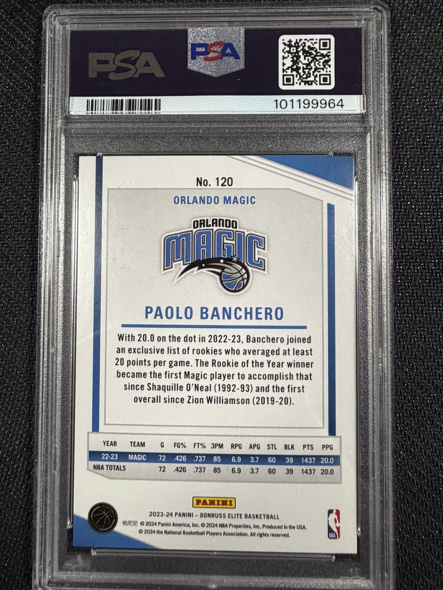 Donruss Elite 2023-24 Paolo Banchero Orlando Magic #120 Hyper Green /24 PSA 9