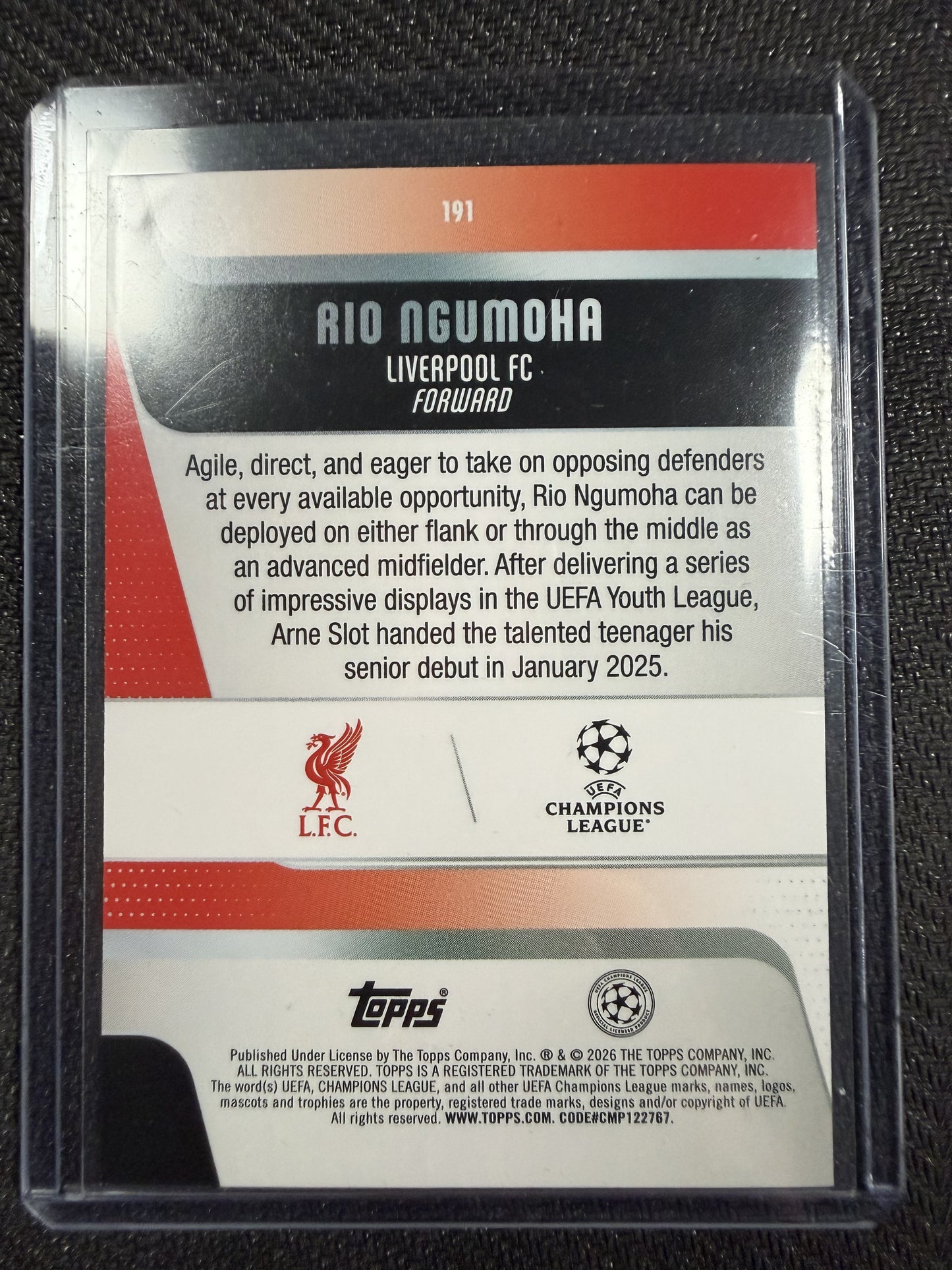 Rio Ngumoha Liverpool RC Topps UCC 25/26 Yellow Speckle Refractor /299